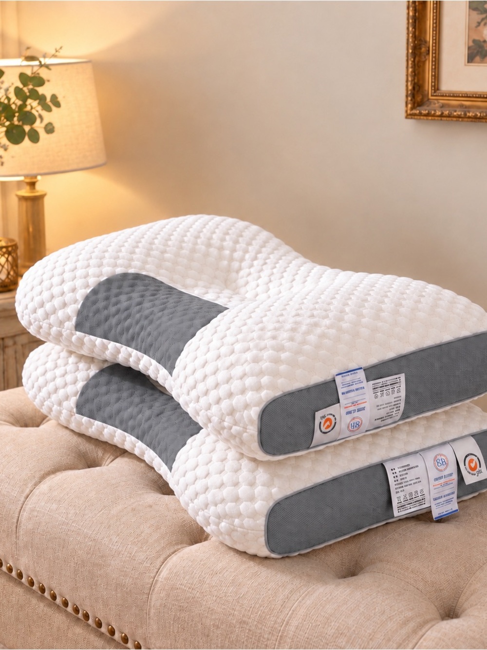 Amazon Quilted Contour Pillow in White & Gray